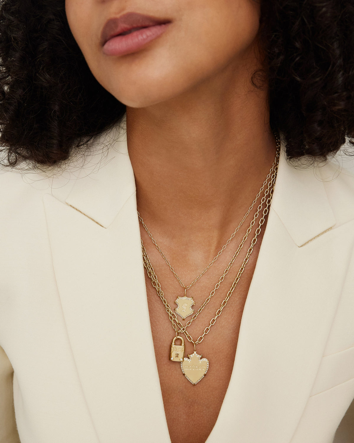 Personalized Heart Shield with Pave White Diamonds in 18K Yellow Gold 18K gold charm - close-up detail | charm necklaces