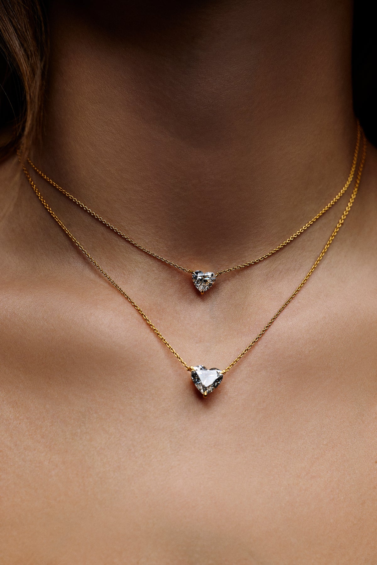 Floating Lab Diamond Heart Pendant Necklace gold necklace - styled on model | lab grown diamond necklace