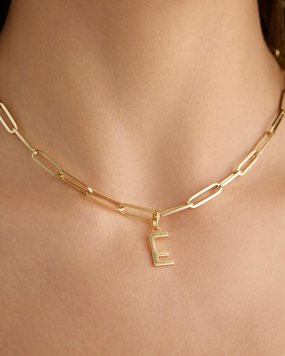 Minimal Block Letter Charm in 14K Yellow gold charm - styled on model | custom charm necklace