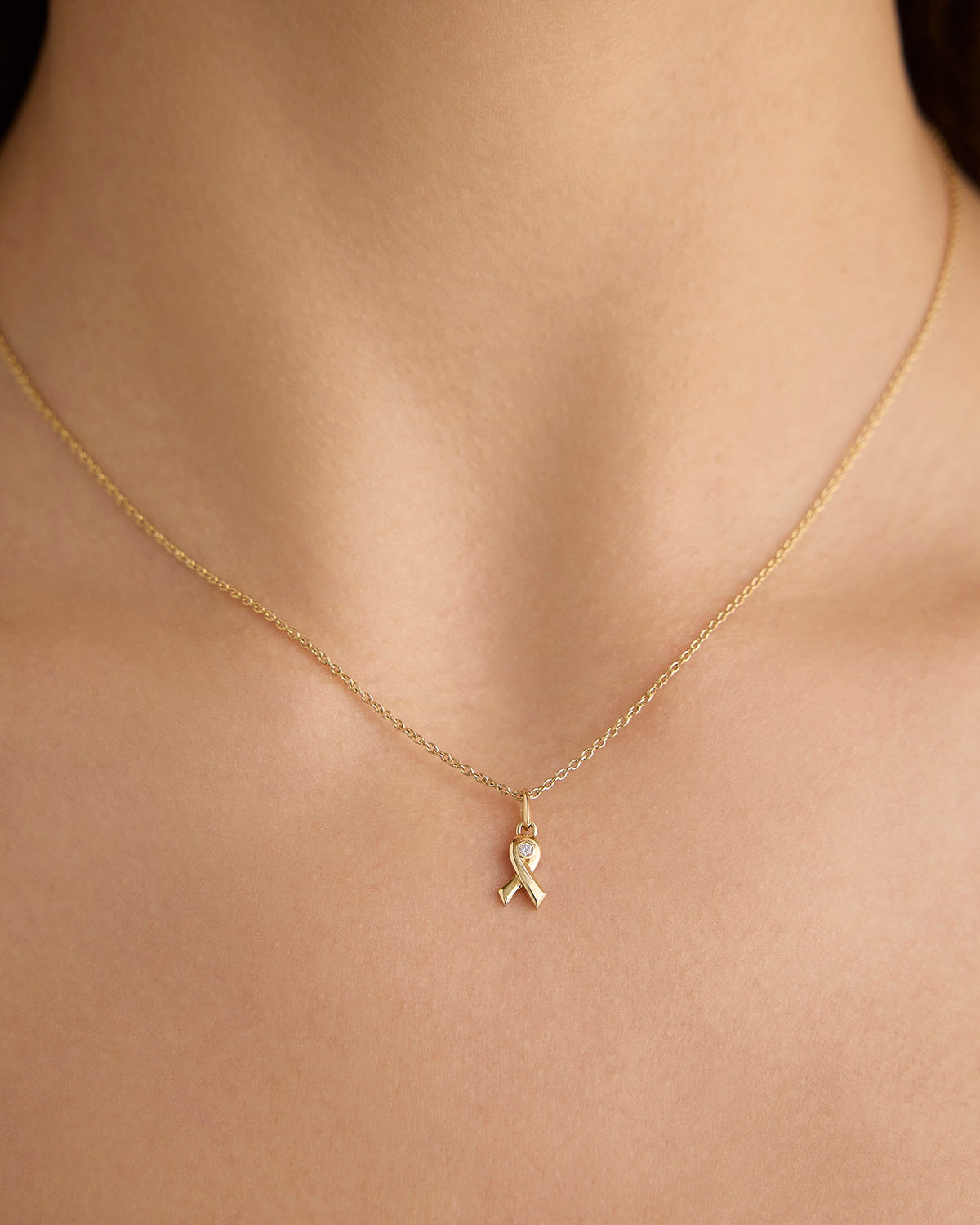 Breast Cancer Awareness Necklace charm - close-up detail | gold charm necklace