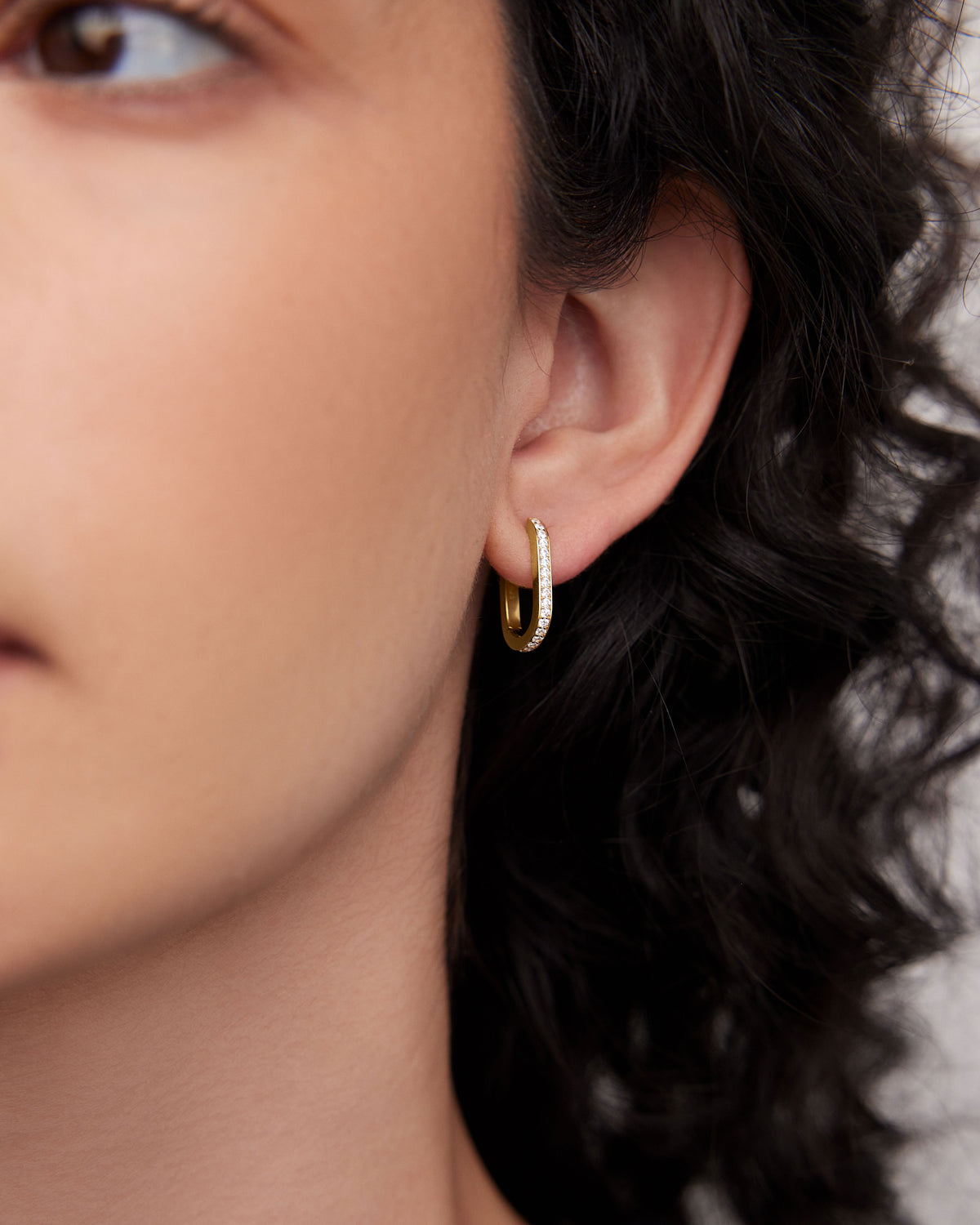 18k Elongated Link Huggie with Pavé Diamonds 18K gold earring - alternate angle | diamond huggie earrings