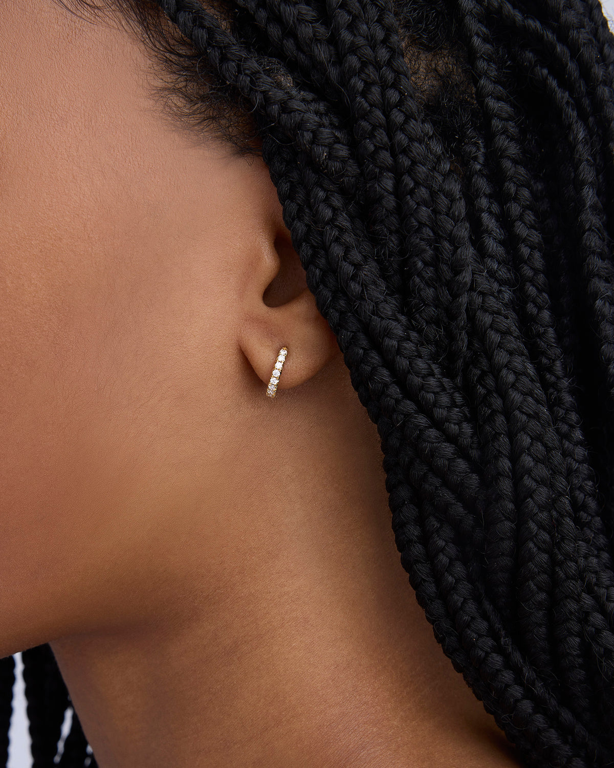 Small Pavé Diamond Level Earring in 18K Yellow gold earring - side view | diamond huggie earrings