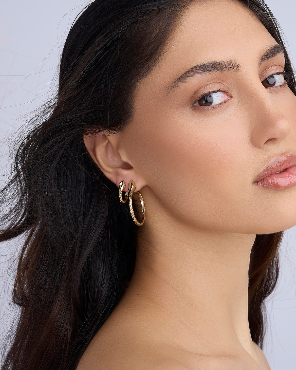 1" Mini Snake Hoops earring - styled on model | small gold hoop earrings