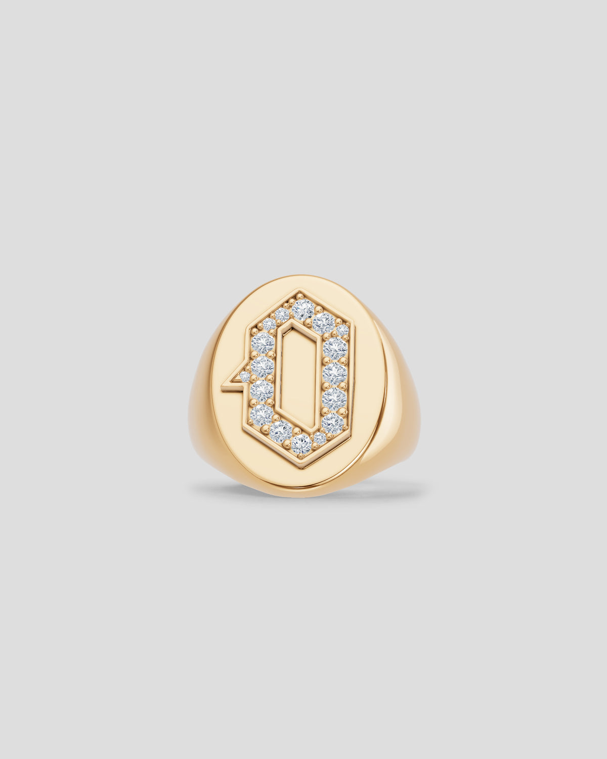 Large Signet Letter Ring with Diamonds in 18K Yellow Gold O-Z 18K gold ring - close-up detail | womens diamond rings