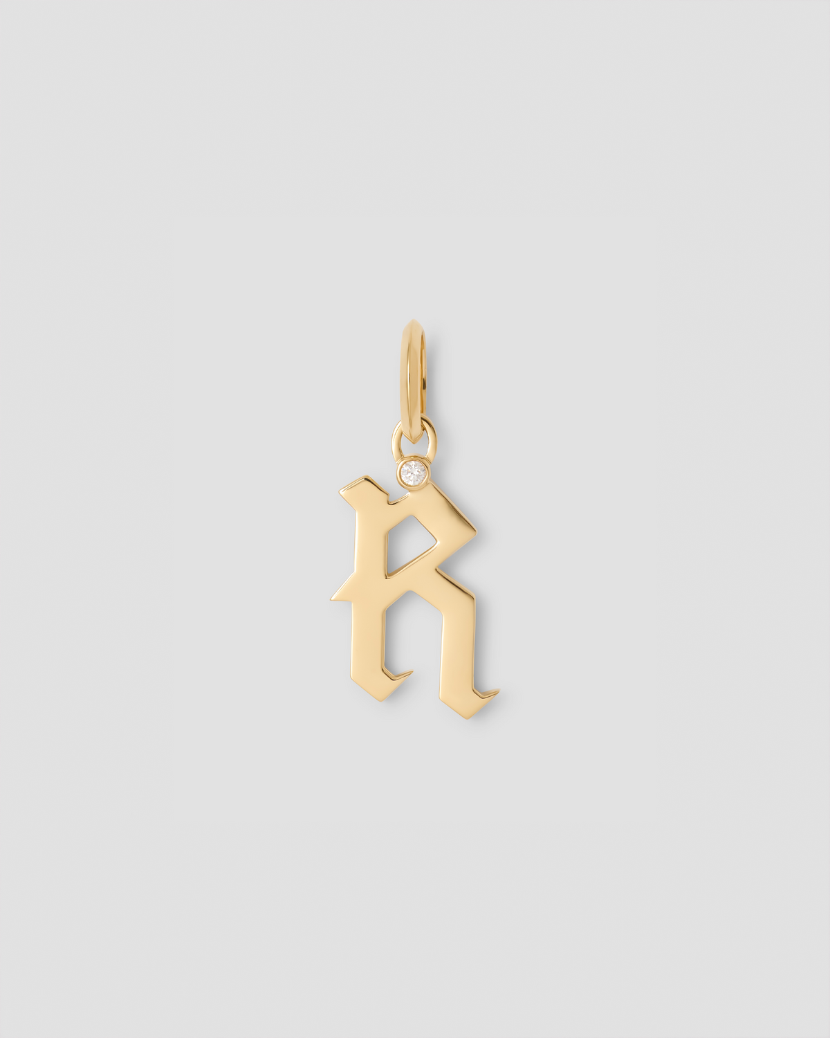 Capital Gothic Letter Charm with Diamond in 18K Yellow Gold 18K gold charm - side view | charm necklaces
