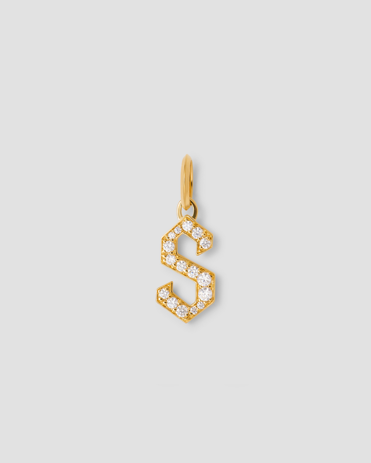 Capital Gothic Letter Charm with Pavé White Diamonds 18K gold charm - product detail shot | necklace with charms