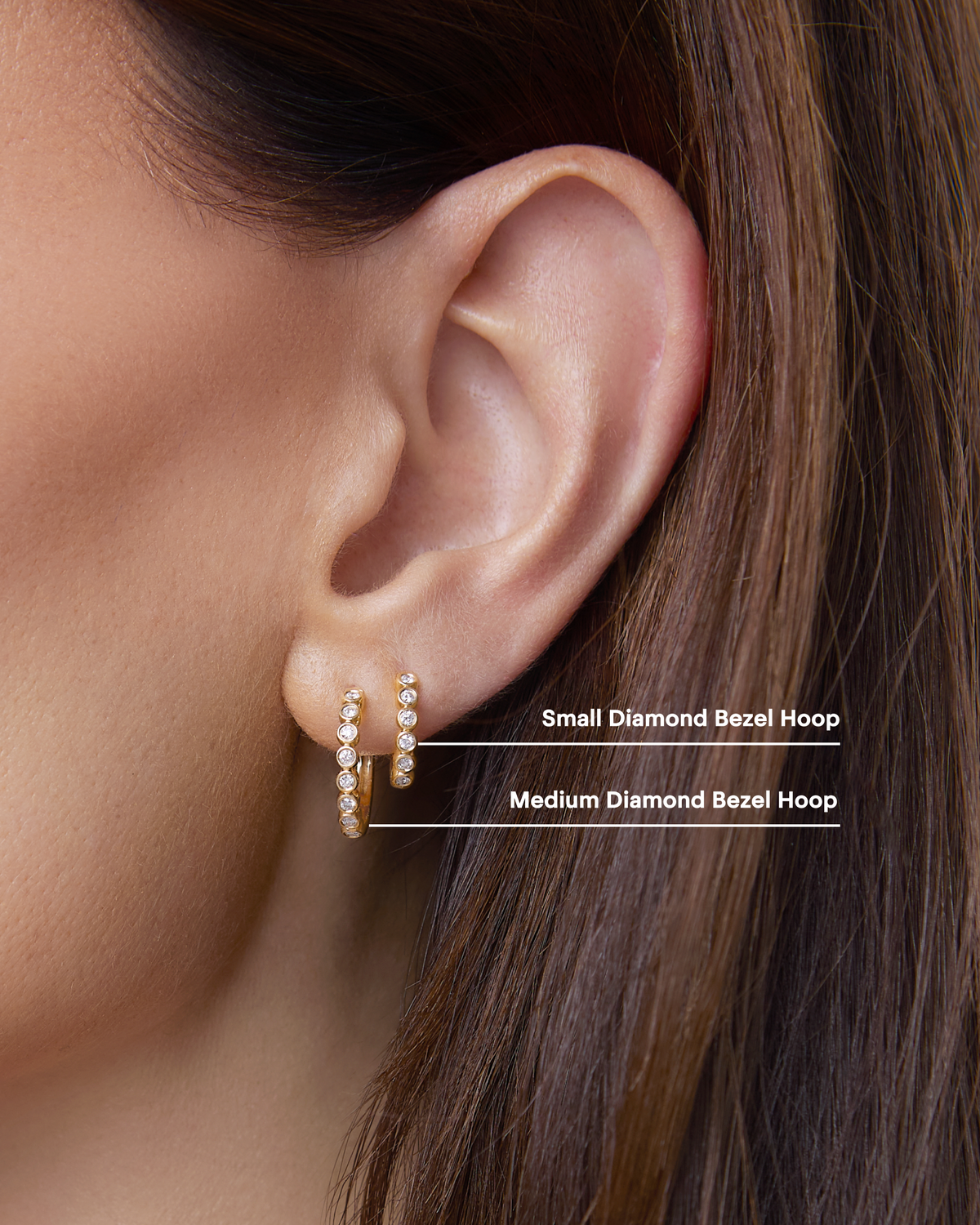 Essential Round Diamond Bezel Huggie gold earring - styled on model | diamond huggie earrings