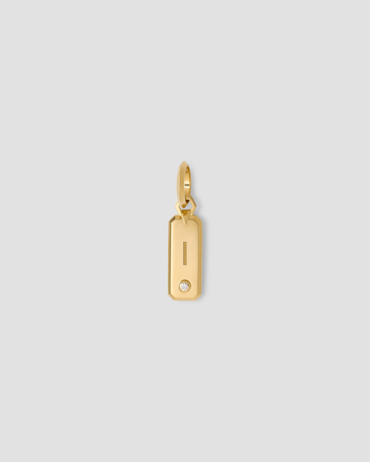 Minimal Block Letter Dog Tag in 18K Yellow gold charm - styled on model | necklace with charms