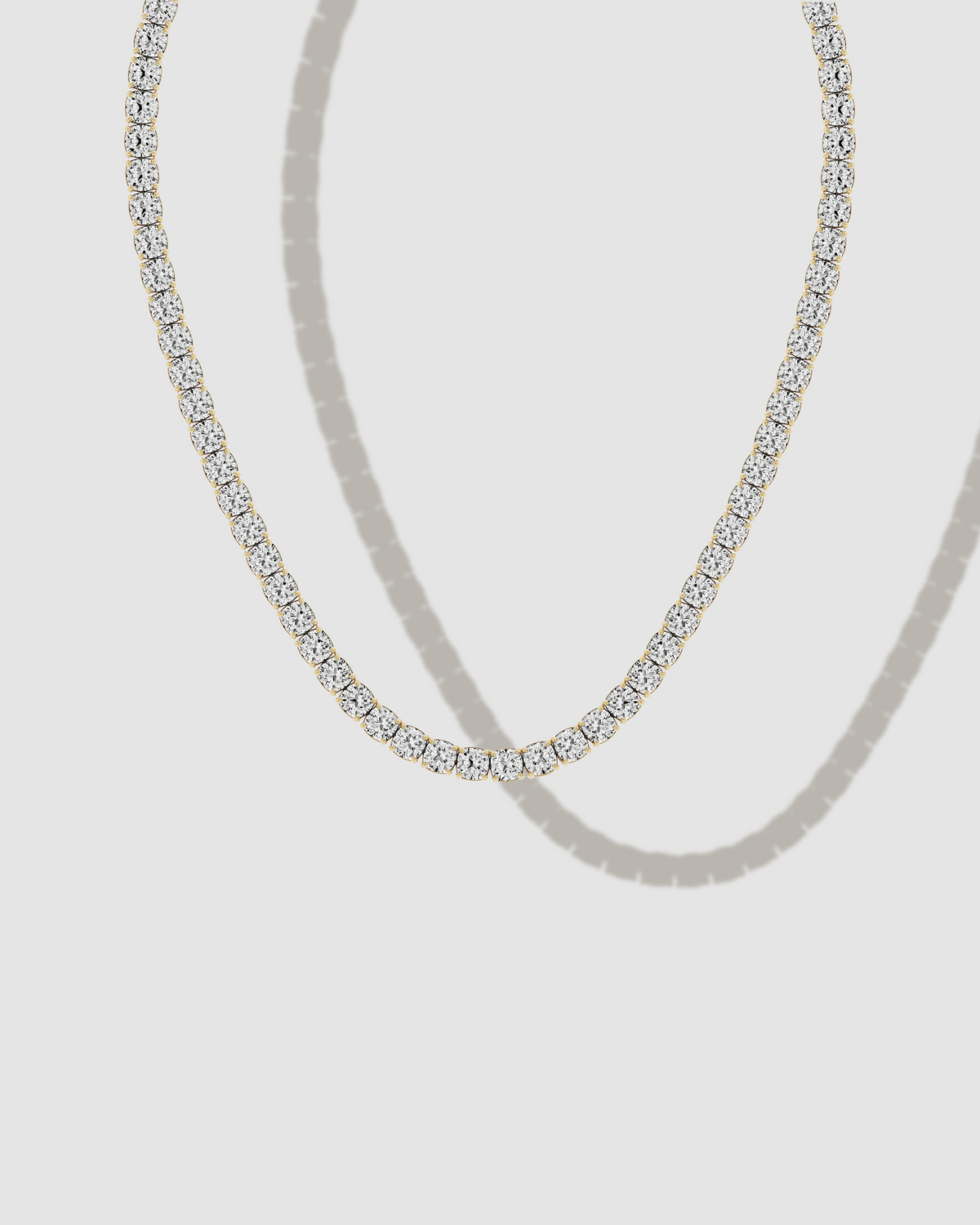 JF Lab - Cushion Cut Tennis Necklace gold necklace - styled on model | lab grown diamond necklace