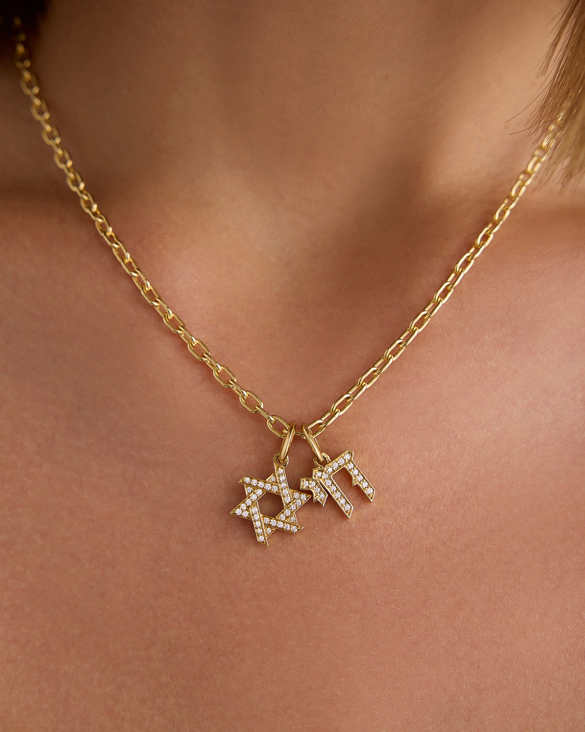 Chai Charm with Pavé White Diamonds charm - side view | gold charm necklace