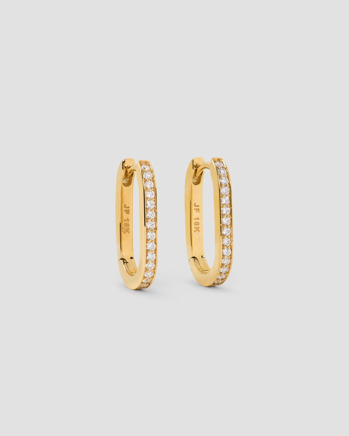 18k Elongated Link Huggie with Pavé Diamonds 18K gold earring - front view | diamond huggie earrings