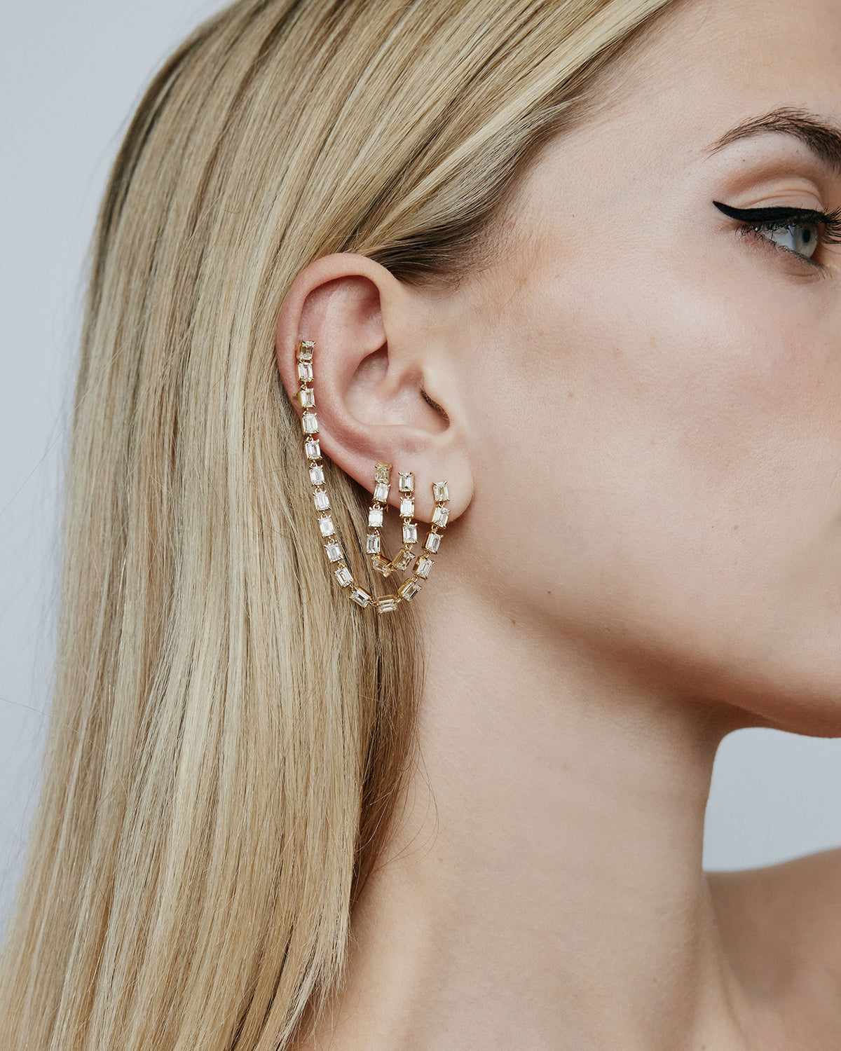 JF Lab - Emerald Cut Long Convertible Drop Earrings 18K gold earring - styled on model | lab grown diamond earrings